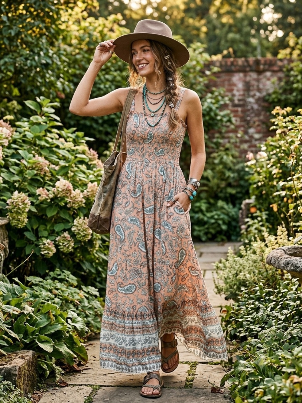 Boho Paisley Maxi Dress in Dusty Peach small